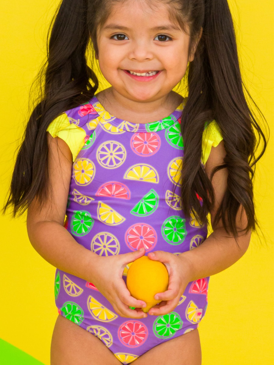 Neon Purple Citrus Ruffle V-Back One Piece