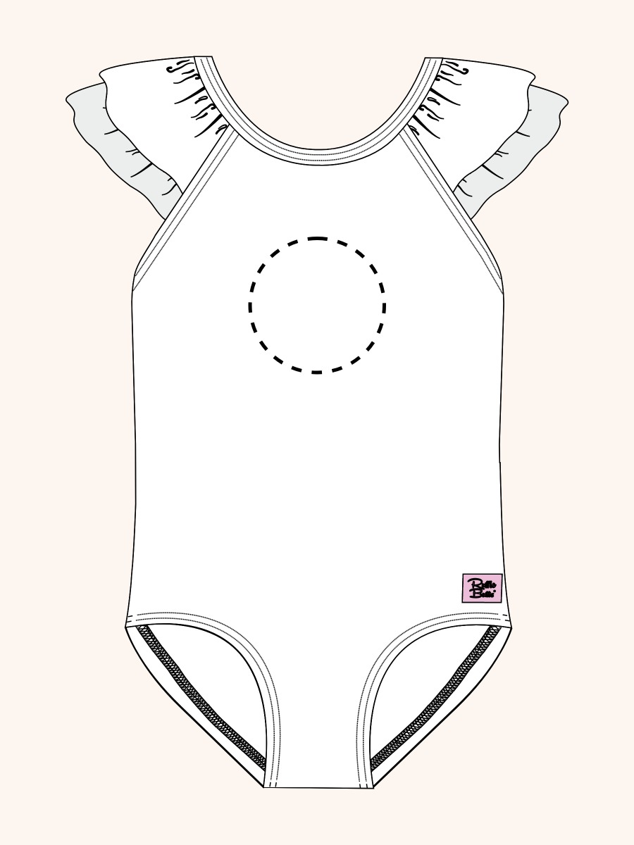 Line drawing of Flamingo Frenzy Ruffle V-Back One Piece. A dotted circle indicates the approximate location for personalization.