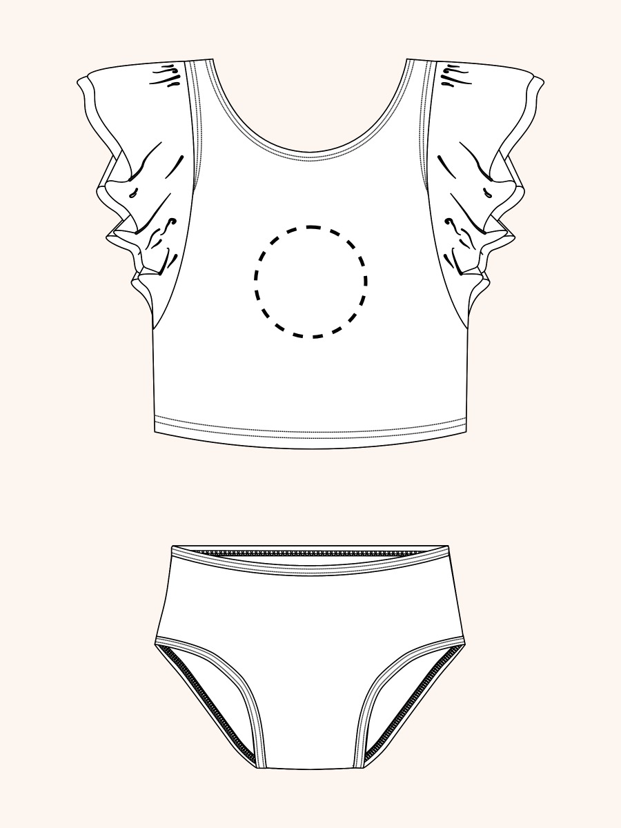 Line drawing of Atlantis Mermaids Butterfly Tankini 2-Piece Swimsuit, with Signature Rear Ruffles. A dotted circle indicates the approximate location for personalization.