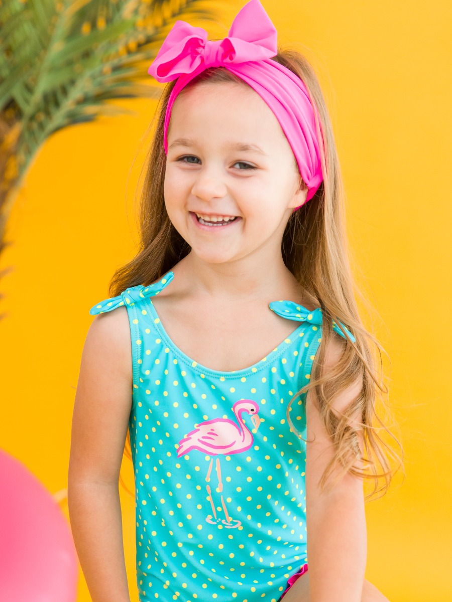 Neon Flamingo Dot Tie Shoulder One Piece