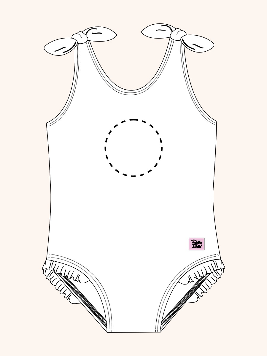 Line drawing of Pink Gone Fishin Tie Shoulder One Piece Swimsuit. A dotted circle indicates the approximate location for personalization.