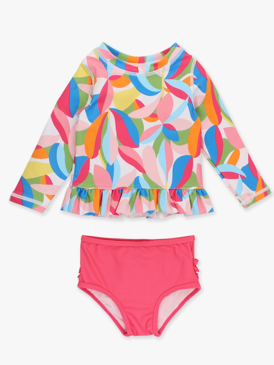 Tropical Adventure Long Sleeve Rash Guard Ruffle 2-Piece Swimsuit, with Signature Rear Ruffles