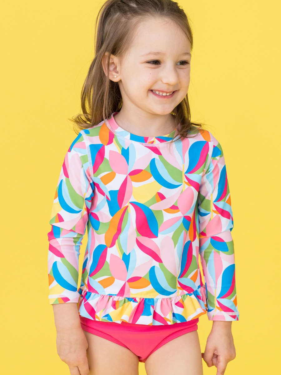 Tropical Adventure Long Sleeve Rash Guard Ruffle 2-Piece Swimsuit, with Signature Rear Ruffles