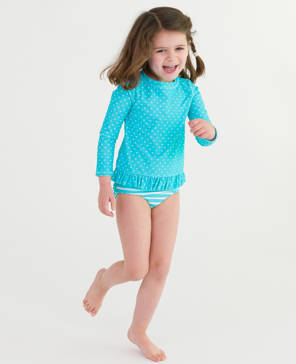 Bright Aqua Heart Polka Dot Long Sleeve Rash Guard Bikini