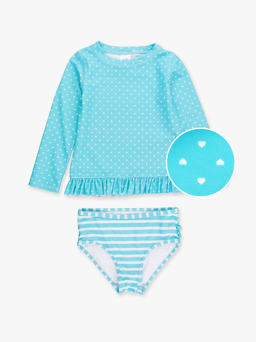 Bright Aqua Heart Polka Dot Long Sleeve Rash Guard Bikini