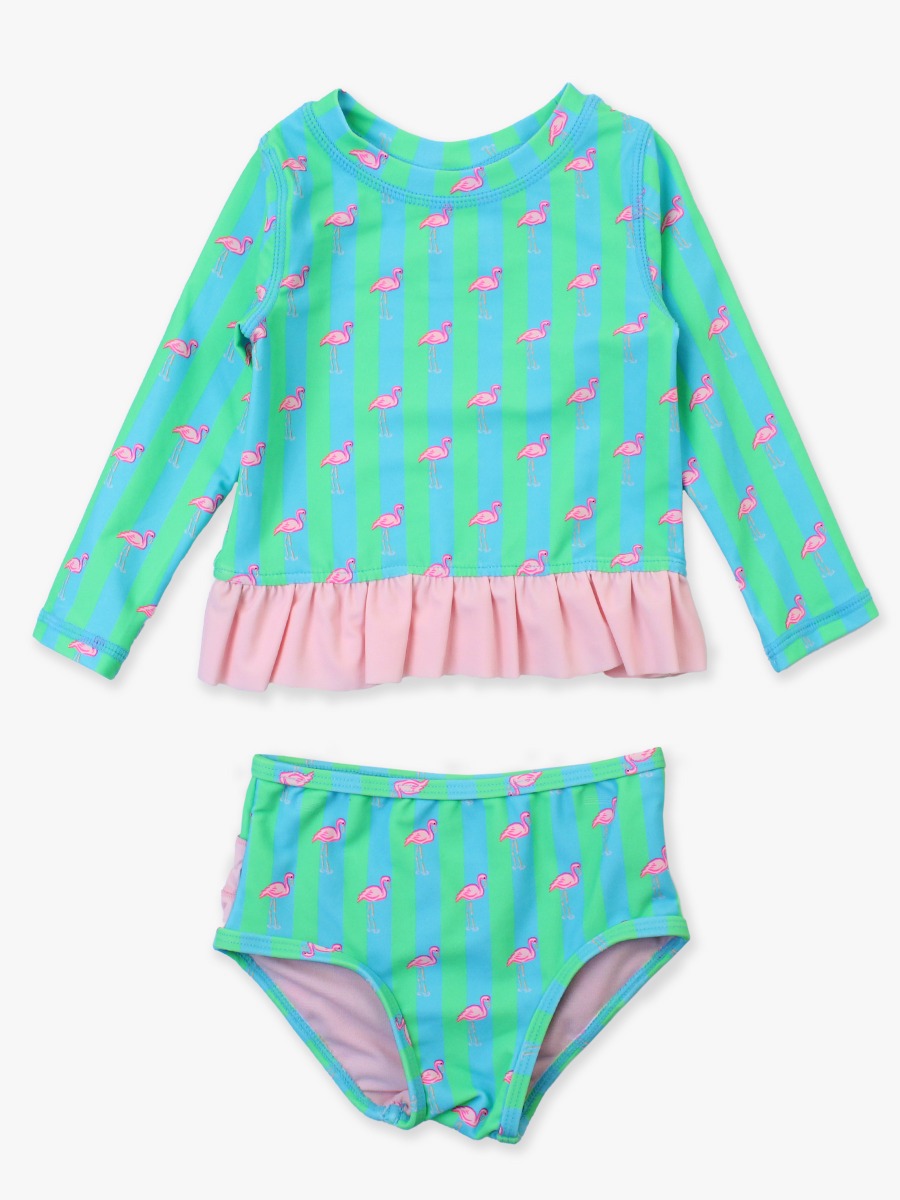 Neon Flamingo Stripe Long Sleeve Rash Guard Bikini