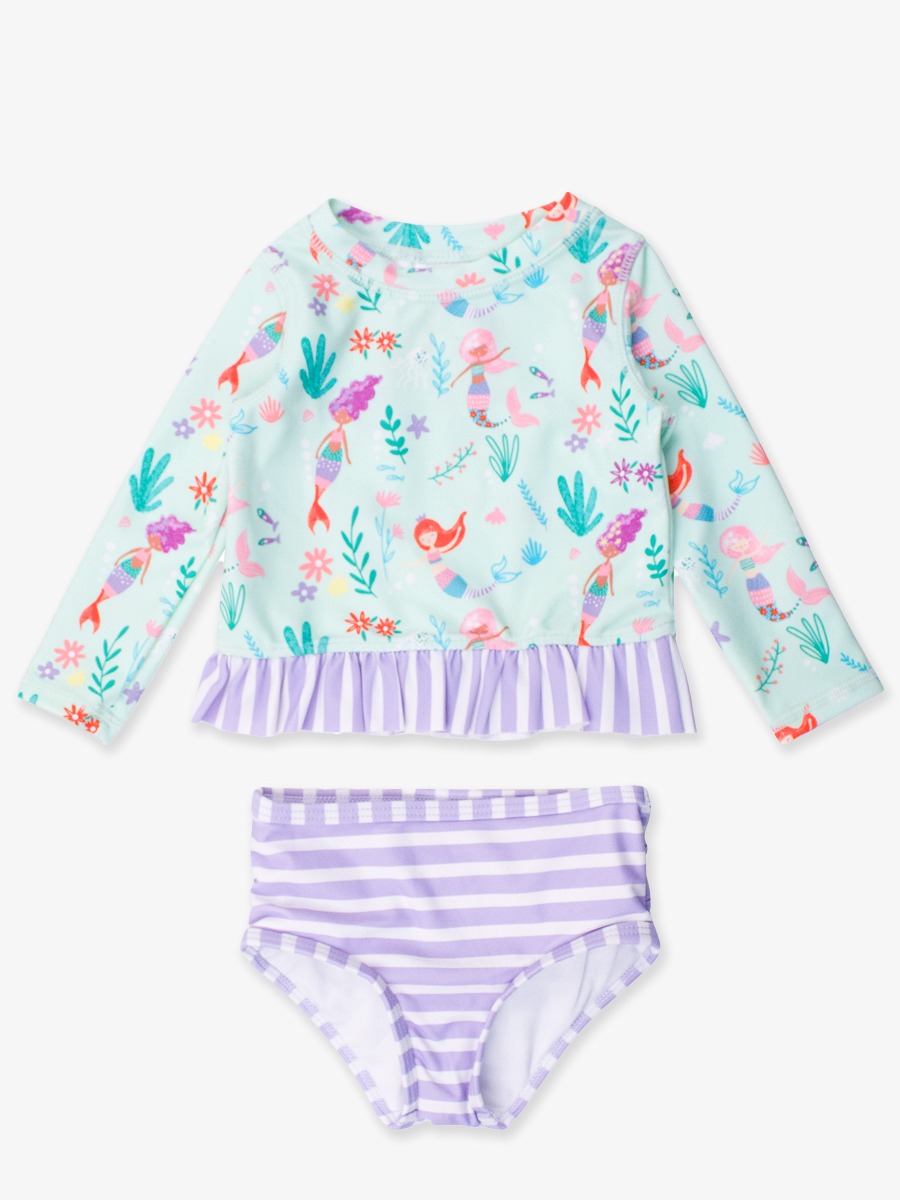 Mermaid Princess Long Sleeve Rash Guard 2-Piece Swimsuit, with Signature Rear Ruffles -  3-6m