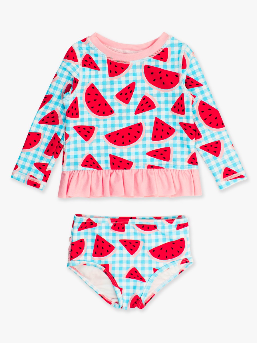Watermelon Gingham Long Sleeve Rash Guard Bikini Swimsuit