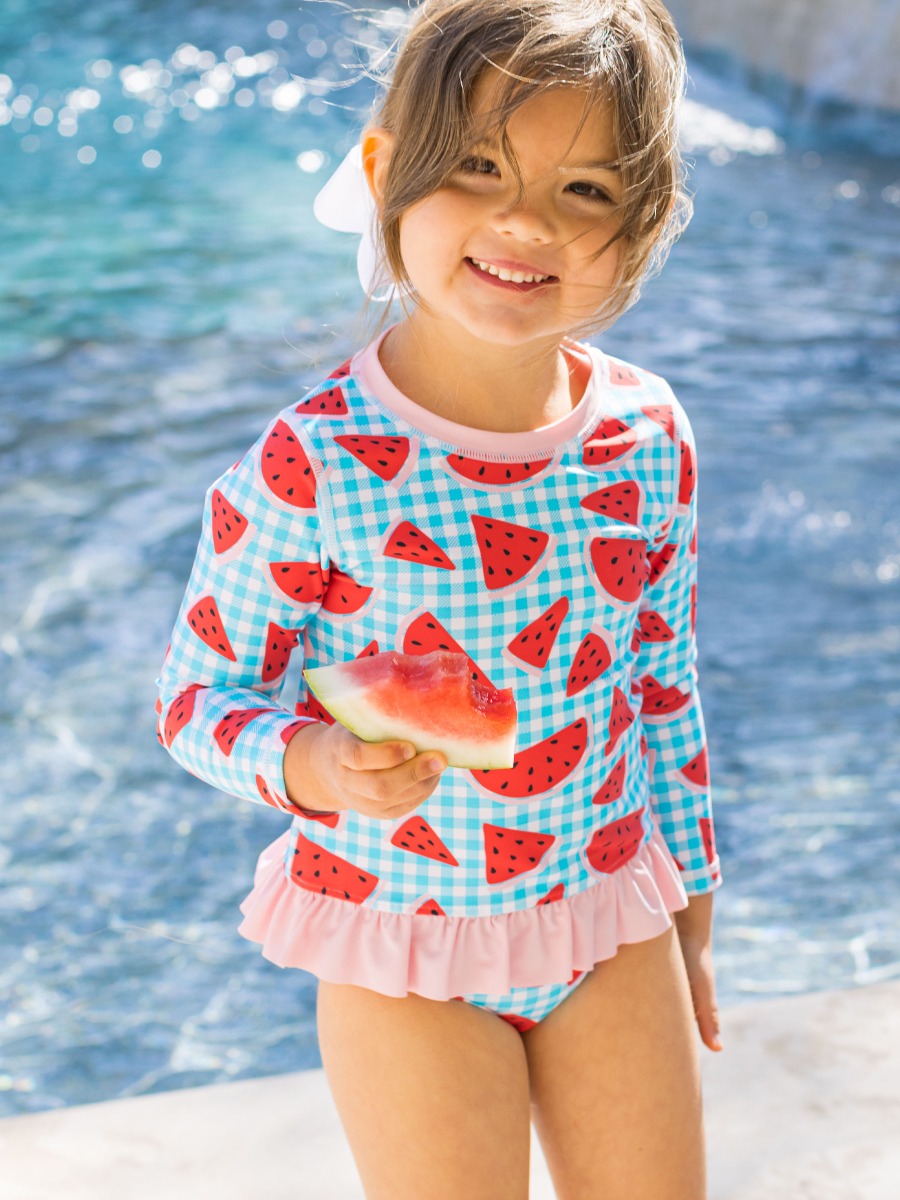 Watermelon Gingham Long Sleeve Rash Guard Bikini Swimsuit