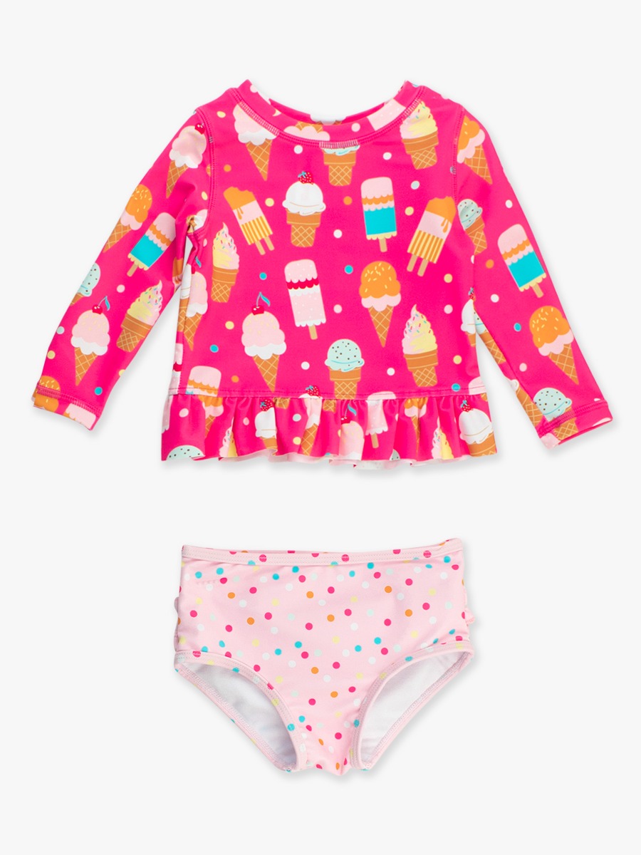 Sweet Scoops Long Sleeve Rash Guard 2-Piece Swimsuit, with Signature Rear Ruffles