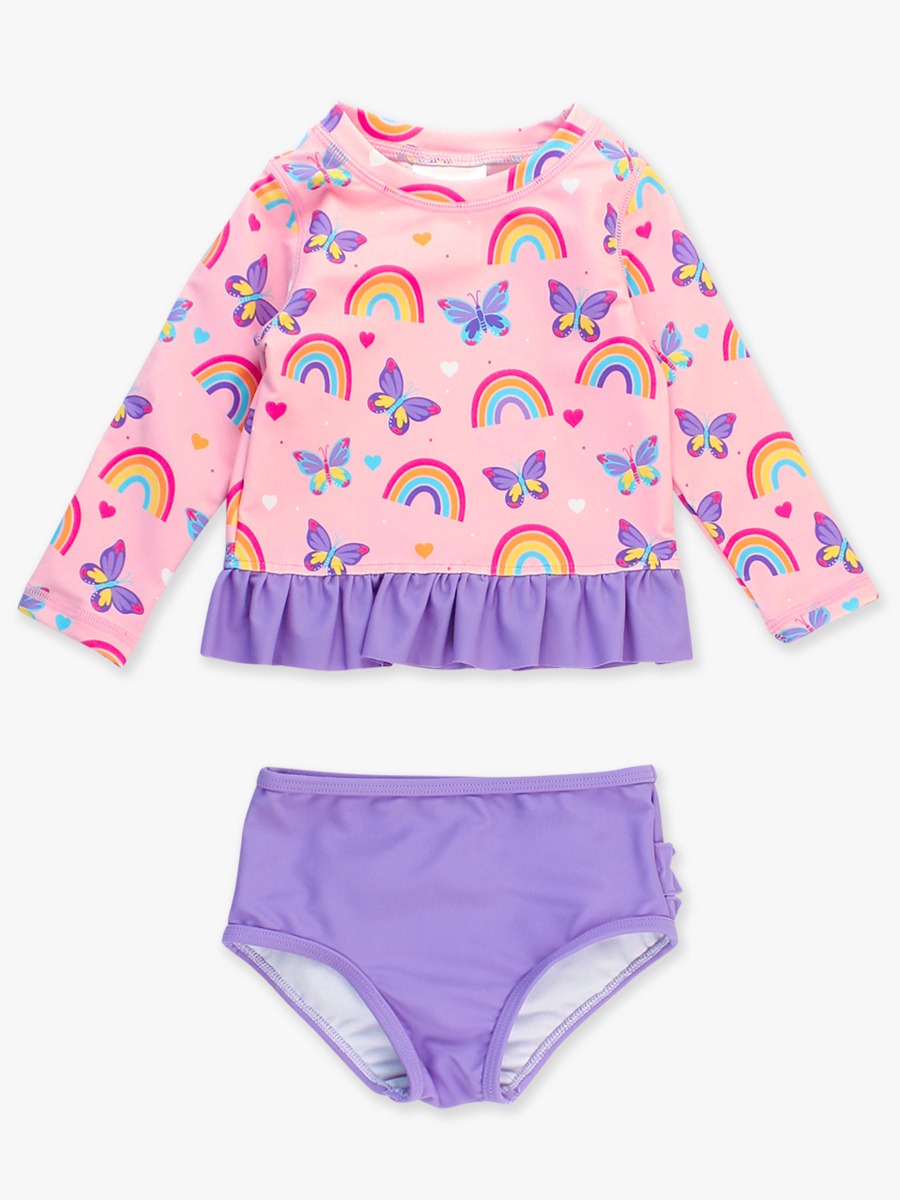 Rainbows & Butterflies Long Sleeve Rash Guard 2-Piece Swimsuit, with Signature Rear Ruffles -  3-6m