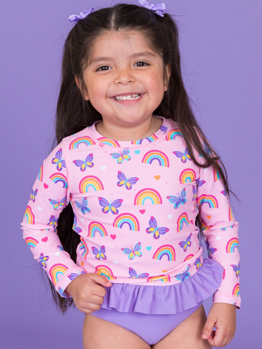Rainbows & Butterflies Long Sleeve Rash Guard 2-Piece Swimsuit, with Signature Rear Ruffles