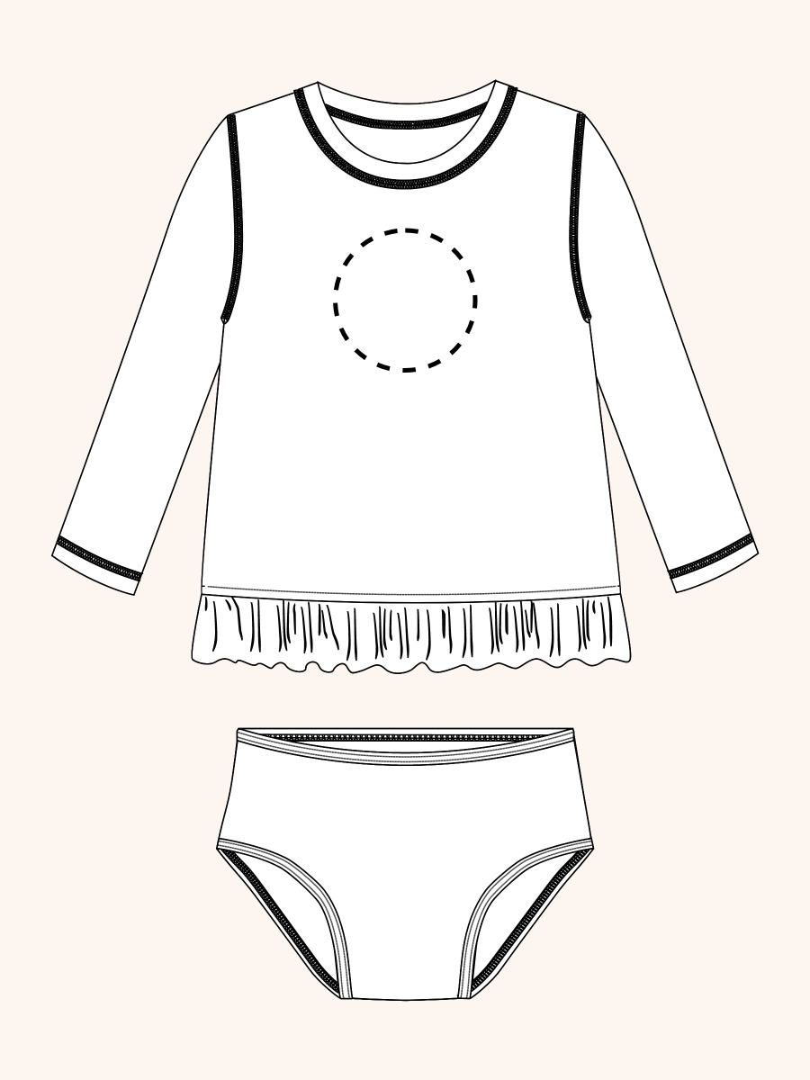 Line drawing of Wildflower Rodeo Long Sleeve Rash Guard 2-Piece Swimsuit, with Signature Rear Ruffles. A dotted circle indicates the approximate location for personalization.