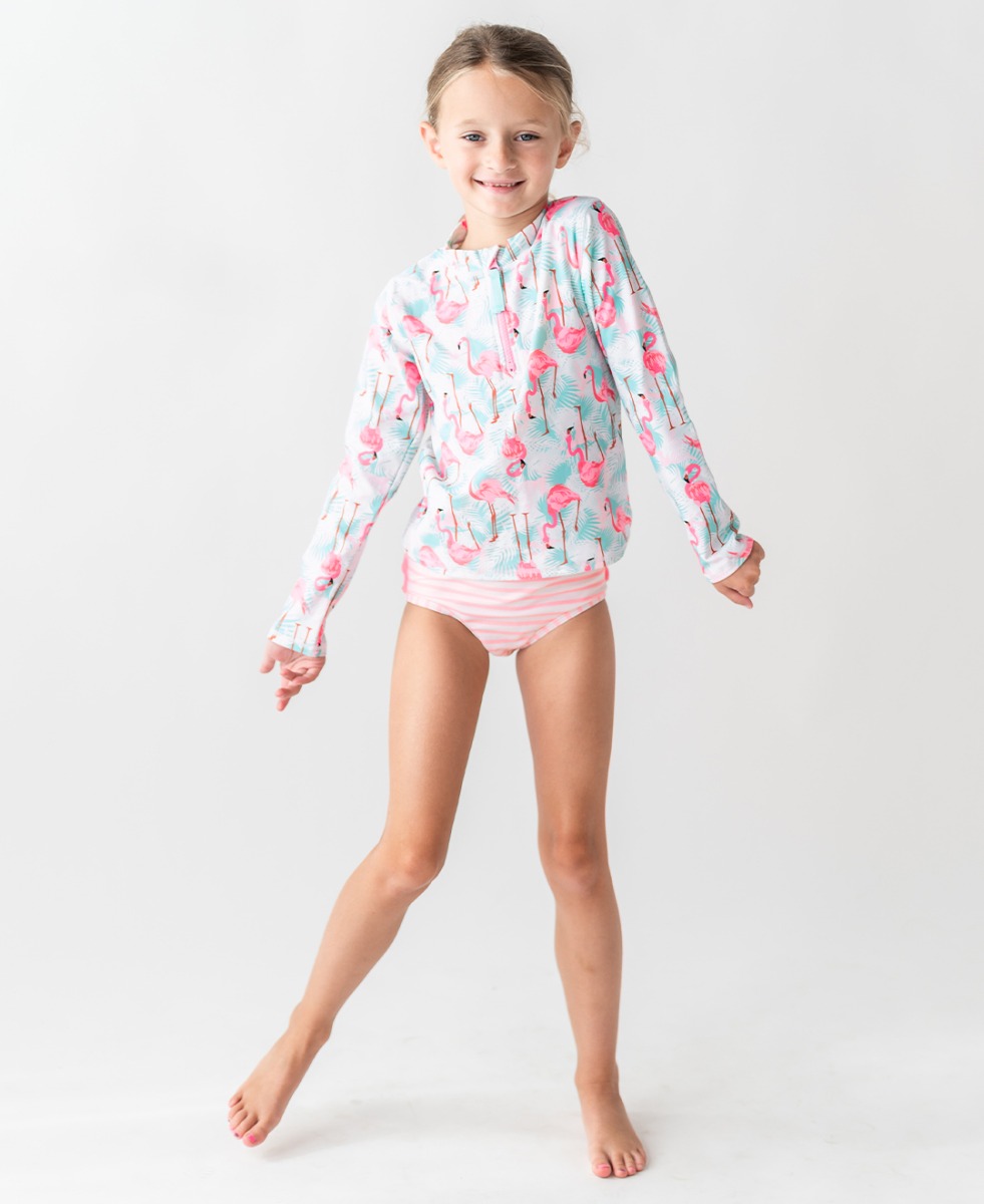 Vibrant Flamingo Long Sleeve Zipper Rash Guard 2-Piece