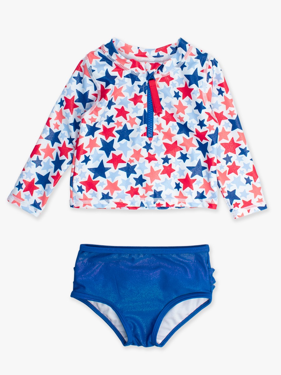 Shimmer Star-Spangled Long Sleeve Zipper Rash Guard 2-Piece Swimsuit