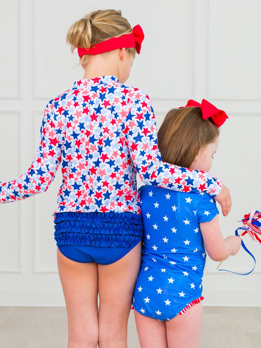 Shimmer Star-Spangled Long Sleeve Zipper Rash Guard 2-Piece Swimsuit