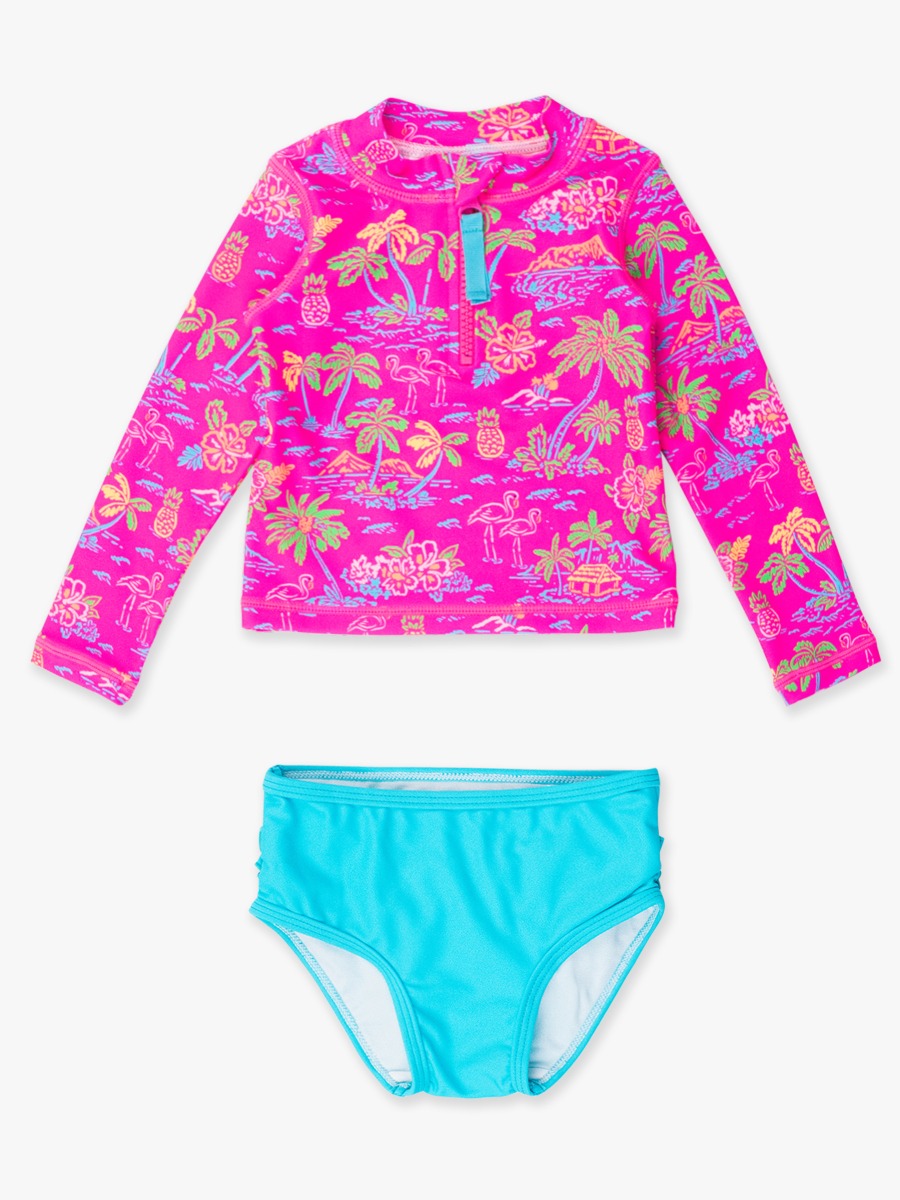 Neon Island Time Long Sleeve Zipper Rash Guard 2-Piece Swimsuit, with Signature Rear Ruffles - 3-6m