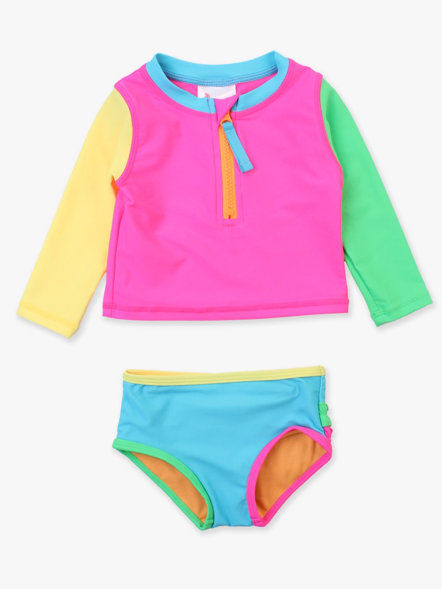Neon Color Block Long Sleeve Zipper Rash Guard 2-Piece Swimsuit, with Signature Rear Ruffles - 3-6m
