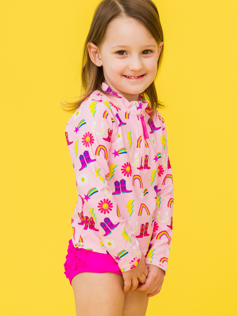 Cowgirl Cutie Long Sleeve Zipper Rash Guard 2-Piece Swim Suit without Ruffles