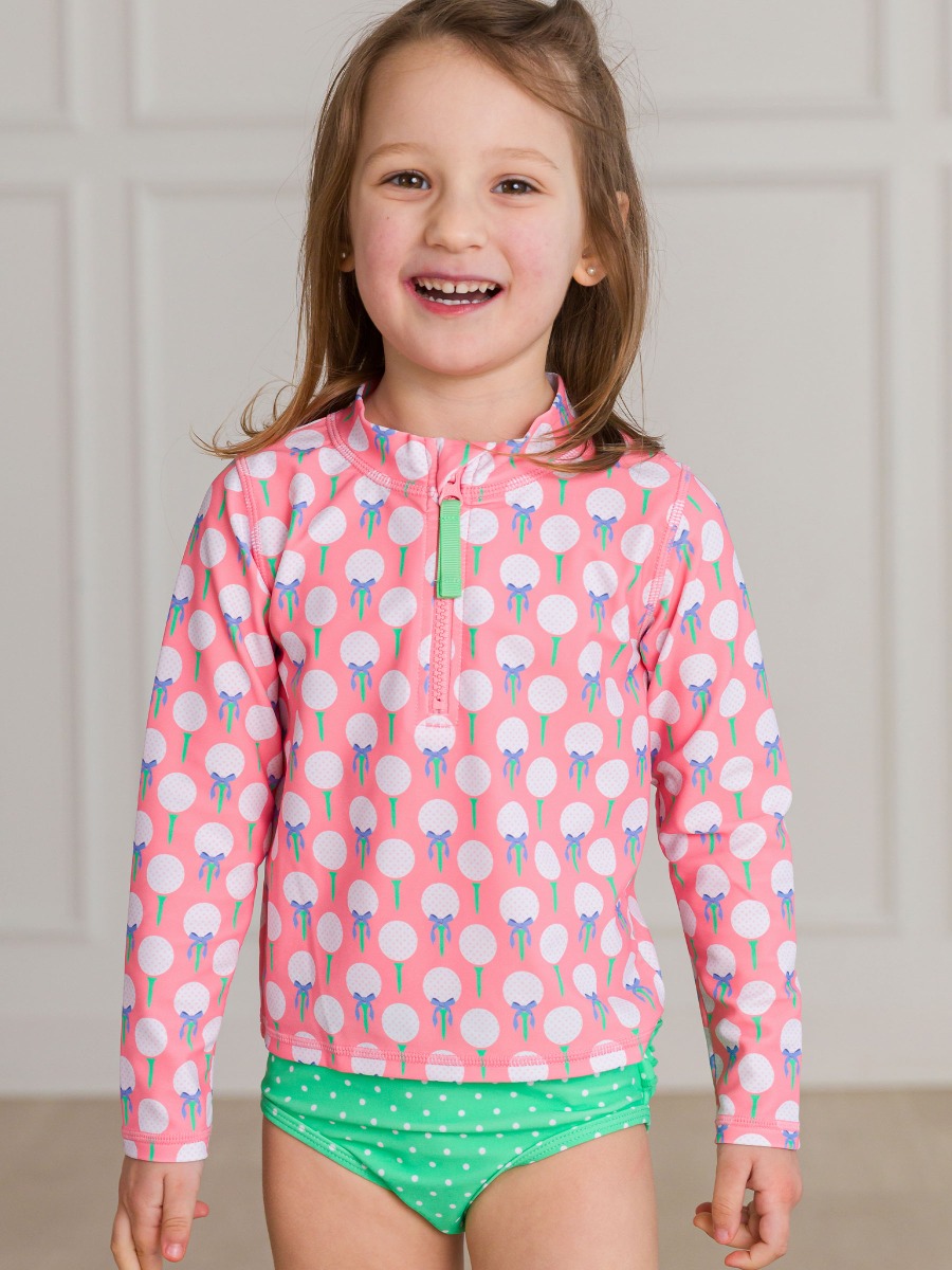 Pink Tee Time Long Sleeve Zipper Rash Guard 2-Piece Swimsuit