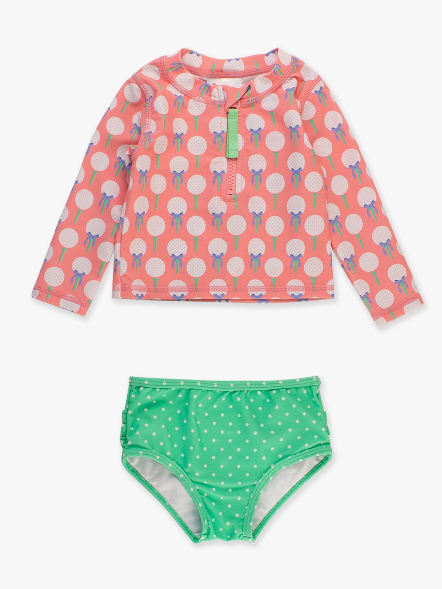 Pink Tee Time Long Sleeve Zipper Rash Guard 2-Piece Swimsuit