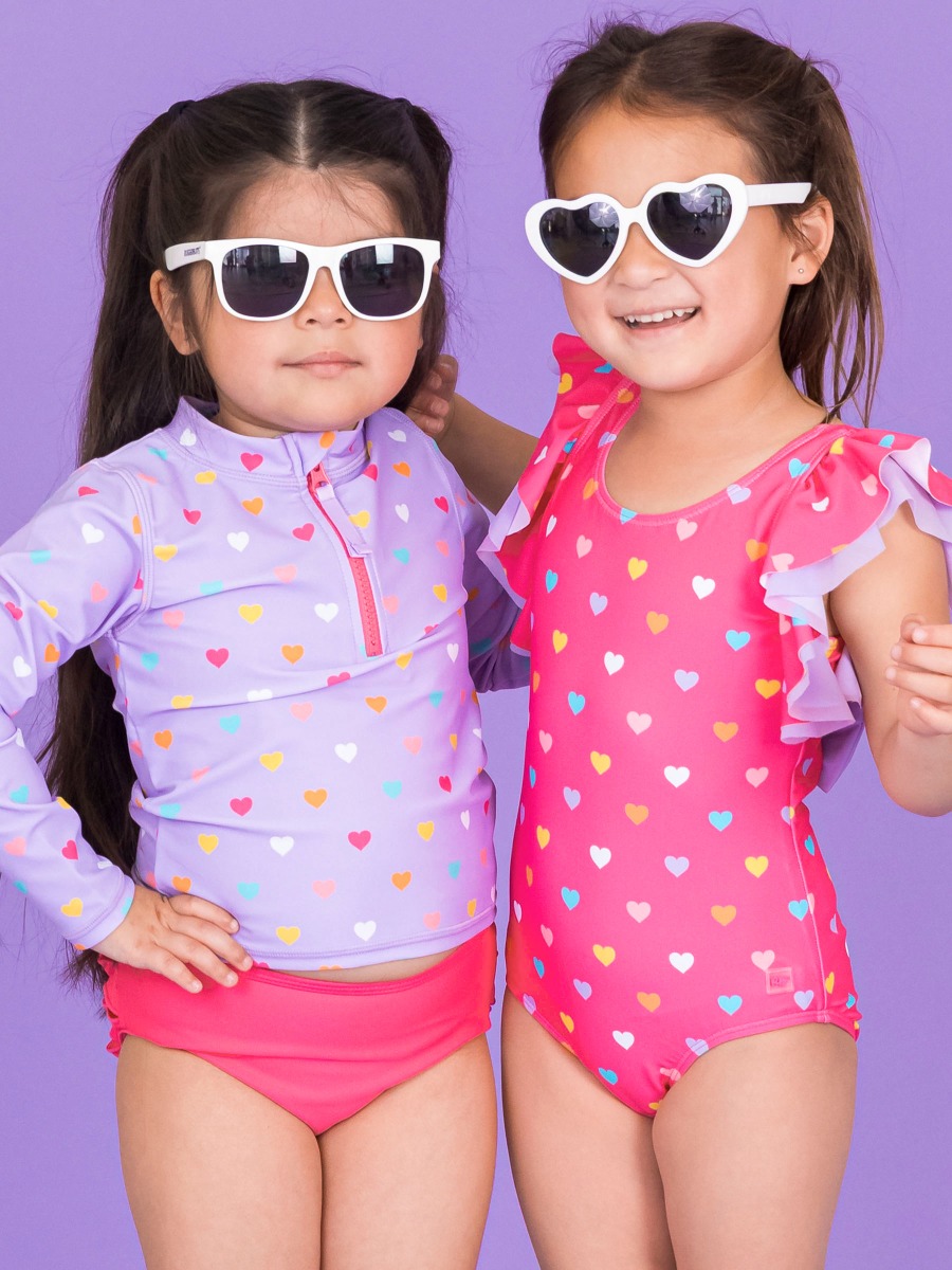 Lavender Colorful Hearts Long Sleeve Zipper Rash Guard 2-Piece, with Signature Rear Ruffles
