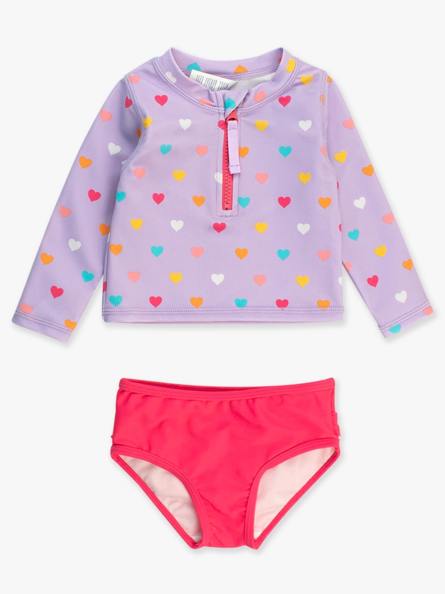 Lavender Colorful Hearts Long Sleeve Zipper Rash Guard 2-Piece, with Signature Rear Ruffles - 3-6m