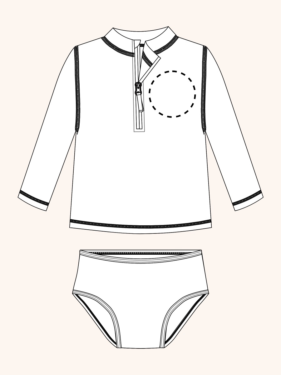 Line drawing of Classic Camo Long Sleeve Zipper Rash Guard 2-Piece Swimsuit, with Signature Rear Ruffles. A dotted circle indicates the approximate location for personalization.