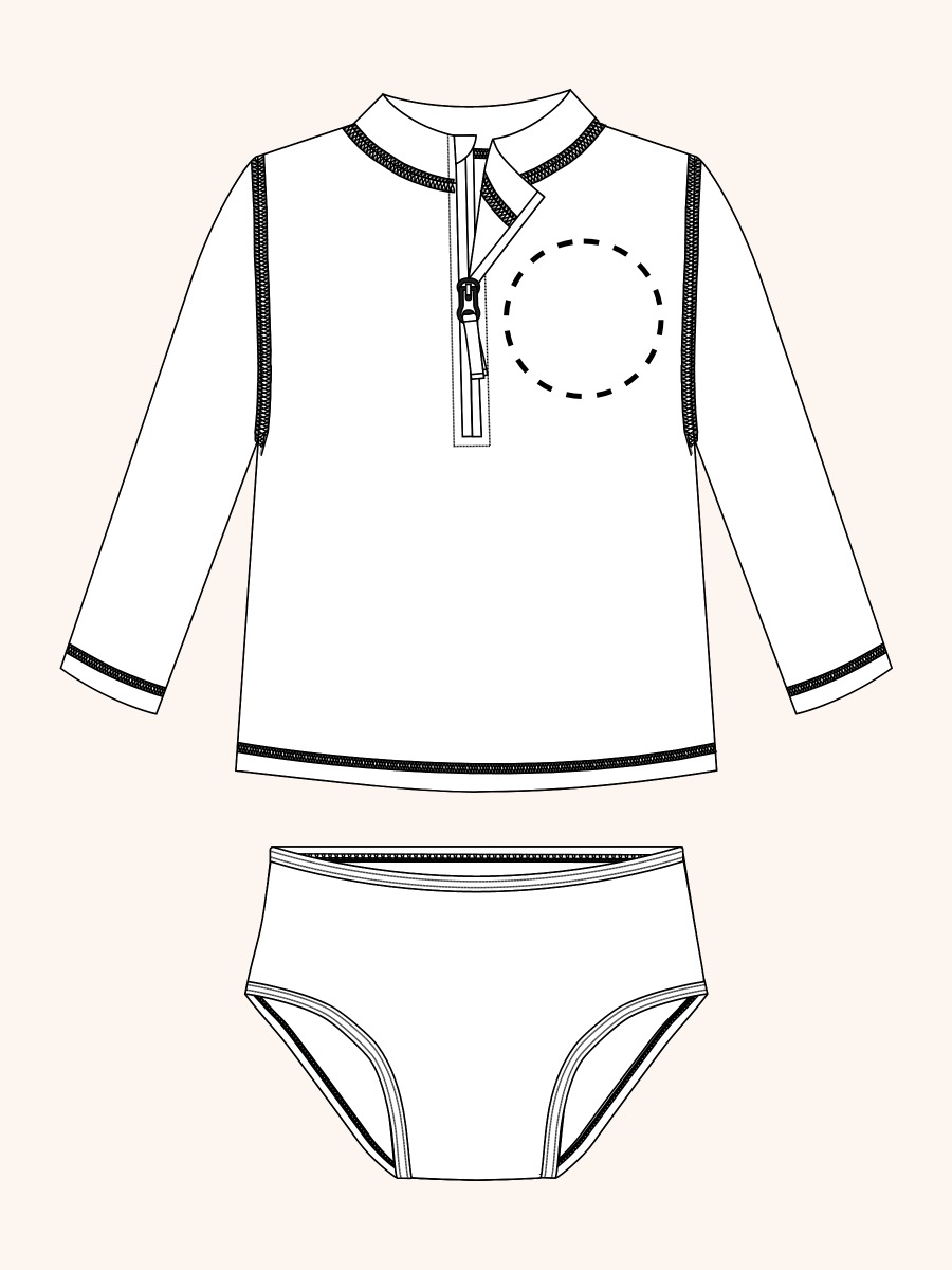Line drawing of Whale Harbor Long Sleeve Zipper Rash Guard 2-Piece Swimsuit, with Signature Rear Ruffles. A dotted circle indicates the approximate location for personalization.