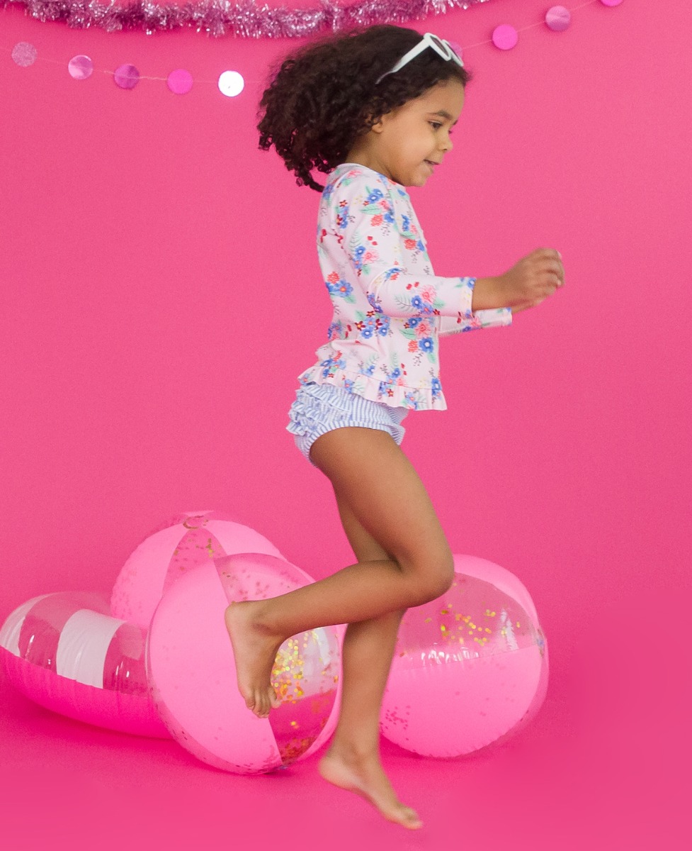 Coastal Breeze Floral Ruffle Detail Long Sleeve Rash Guard 2-Piece