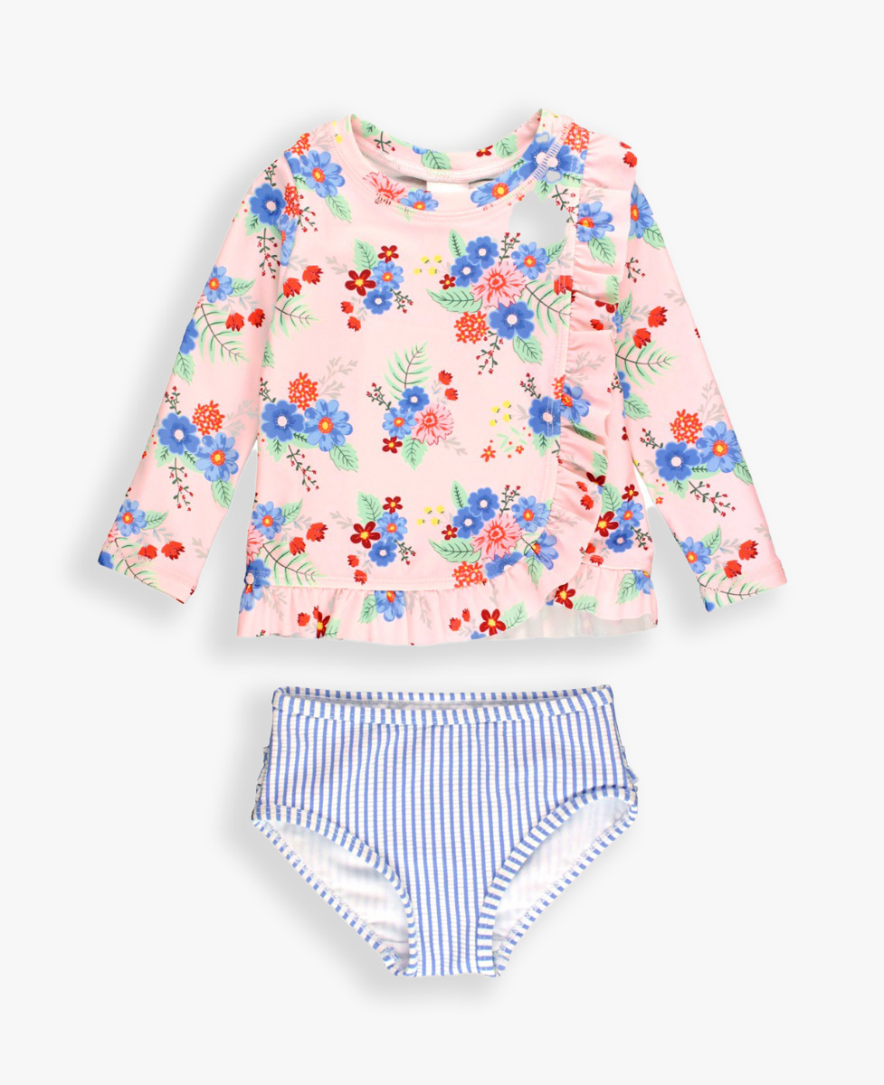 Coastal Breeze Floral Ruffle Detail Long Sleeve Rash Guard 2-Piece