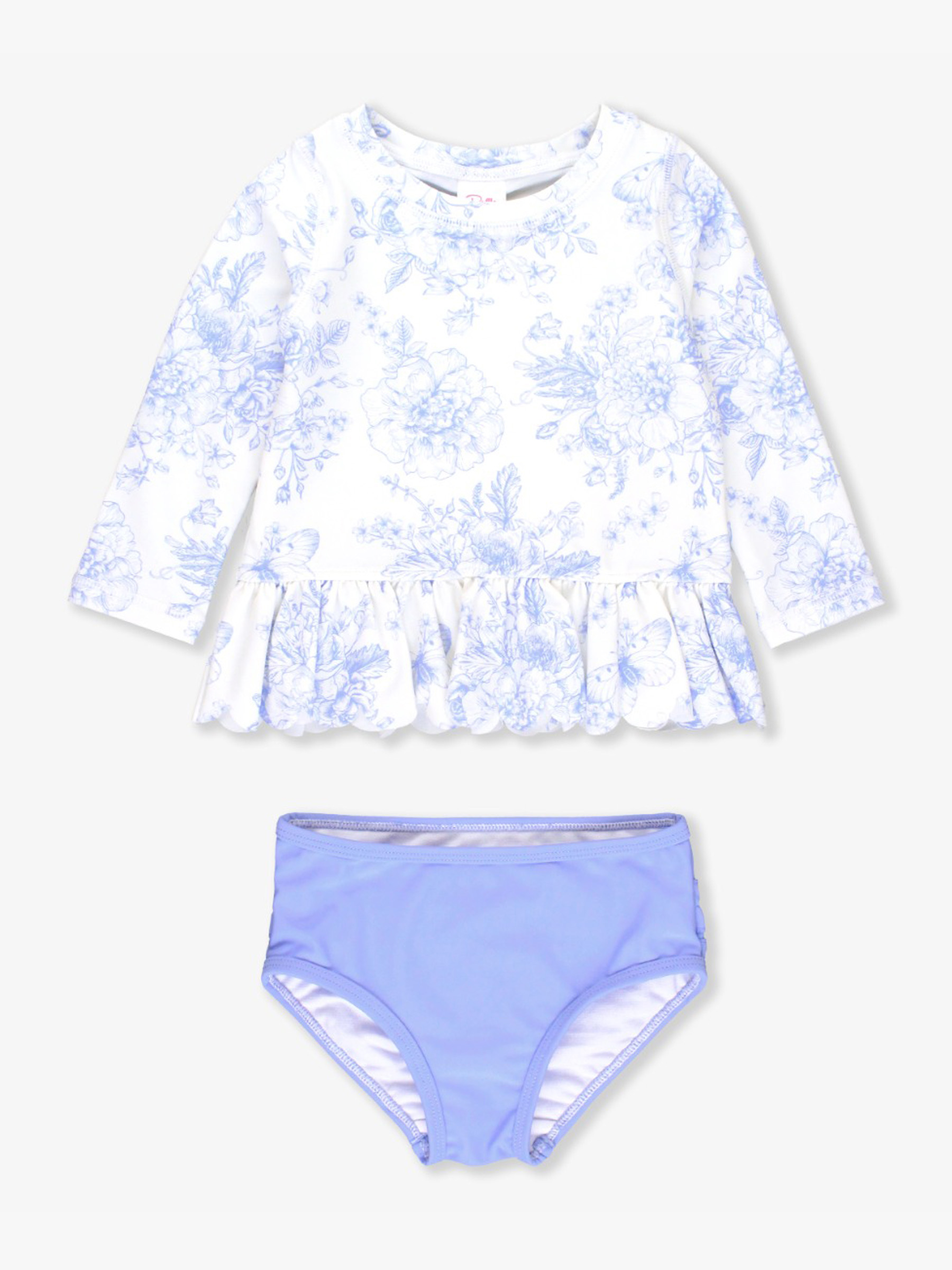 Periwinkle Butterfly Garden Scallop Hem Long Sleeve Rash Guard Bikini