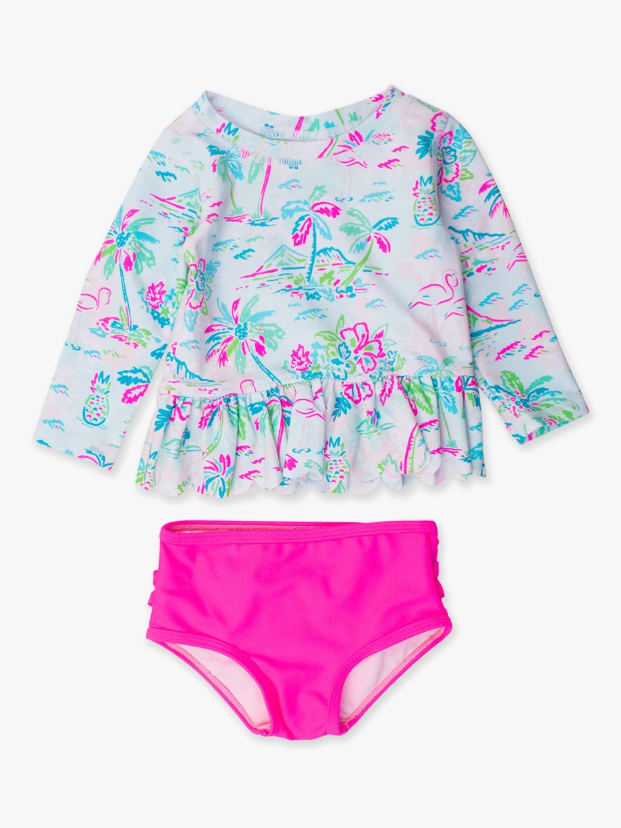 Tropical Resort Scallop Hem Long Sleeve Rash Guard 2-Piece, with Signature Rear Ruffles -  3-6m