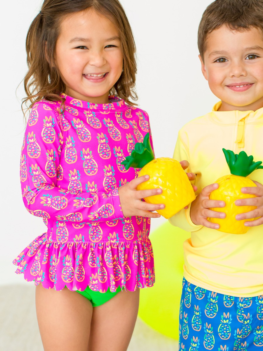 Neon Violet Pineapples Scallop Hem Long Sleeve Rash Guard Bikini