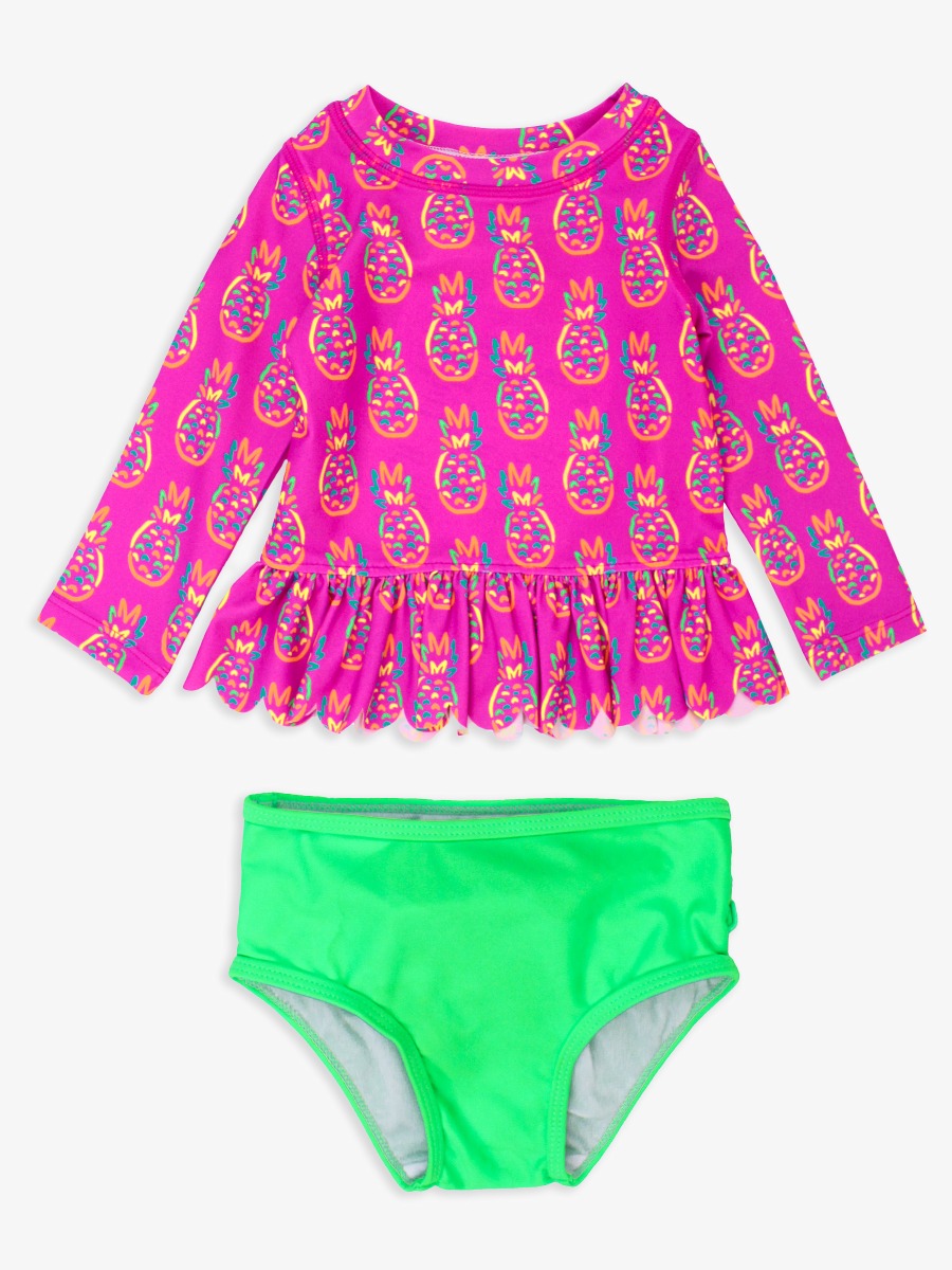 Neon Violet Pineapples Scallop Hem Long Sleeve Rash Guard Bikini