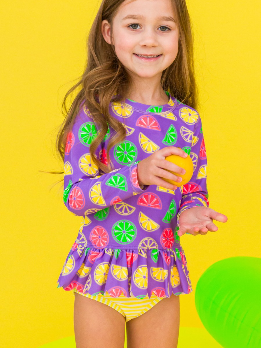 Neon Purple Citrus Scallop Hem Long Sleeve Rash Guard Bikini