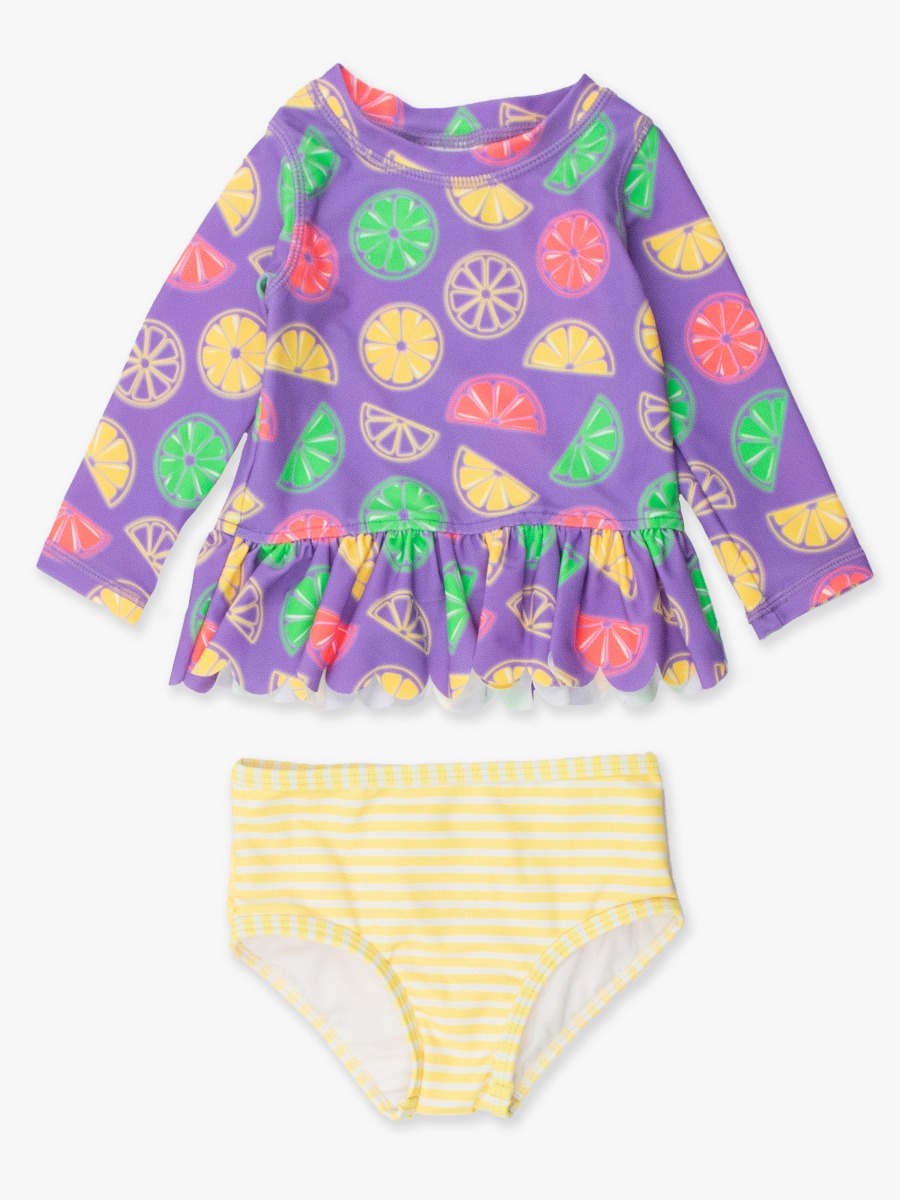 Neon Purple Citrus Scallop Hem Long Sleeve Rash Guard Bikini