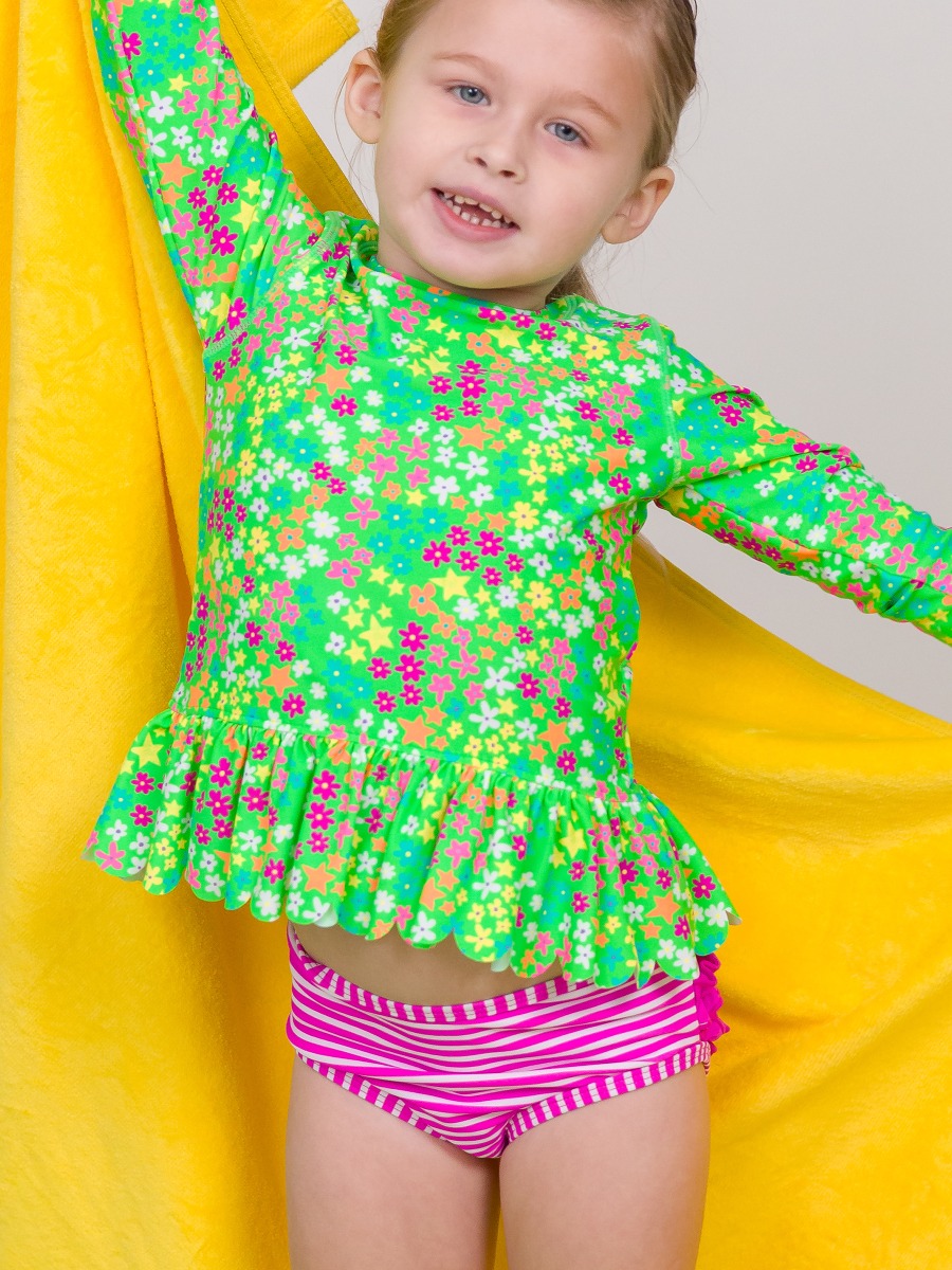 Neon Floral Scallop Hem Long Sleeve Rash Guard Bikini
