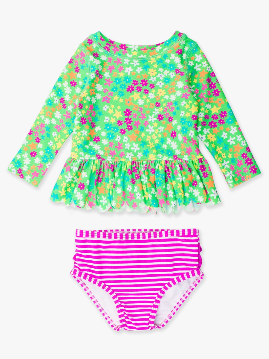 Neon Floral Scallop Hem Long Sleeve Rash Guard Bikini