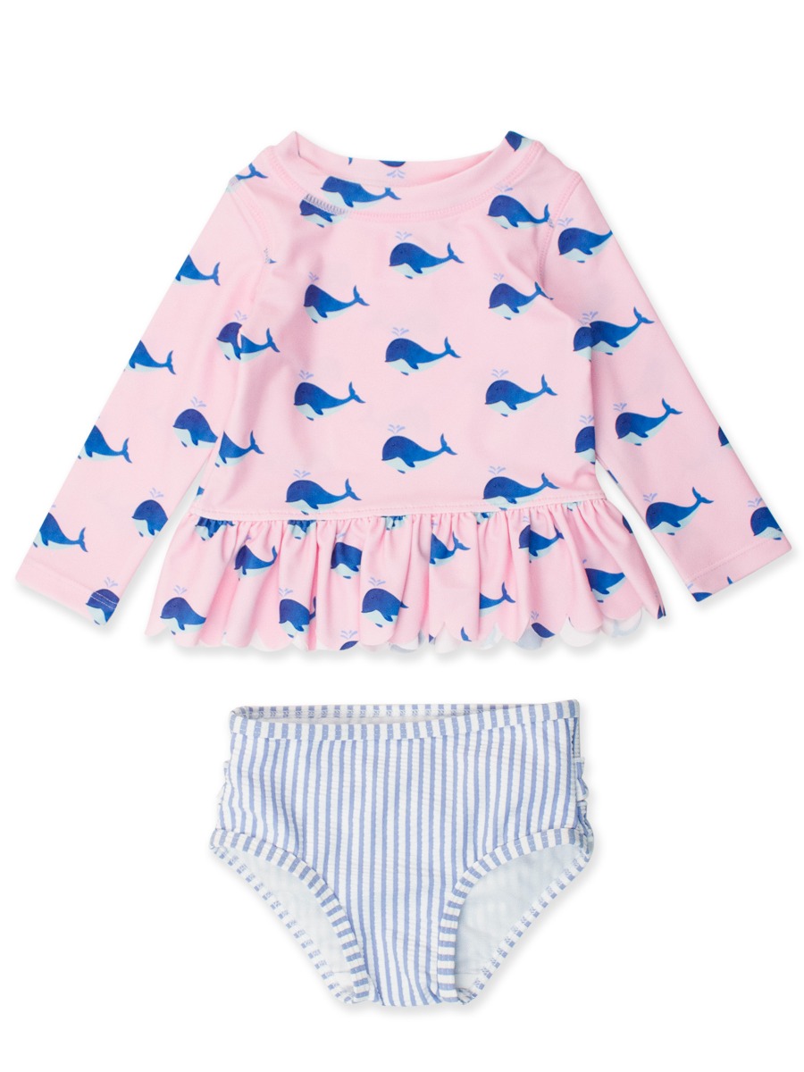 Pink Whale Friends Scallop Hem Long Sleeve Rash Guard Bikini