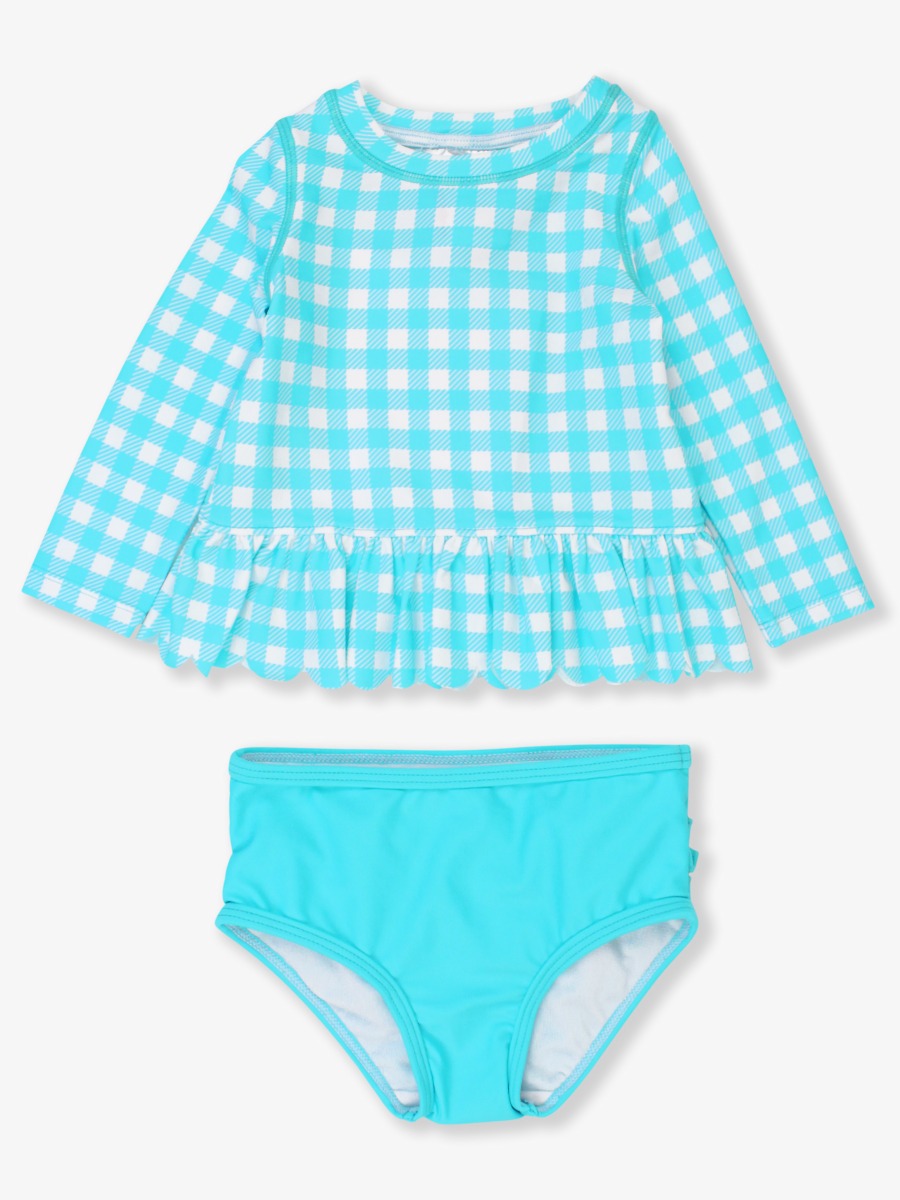 Bright Aqua Gingham Scallop Hem Long Sleeve Rash Guard Bikini