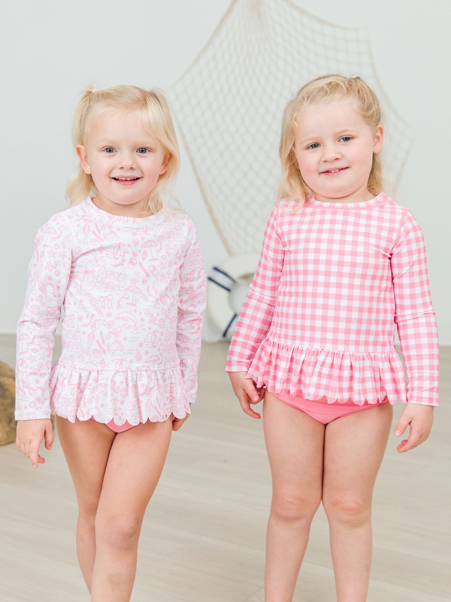 Bubblegum Pink Gingham Scallop Hem Long Sleeve Rash Guard Bikini