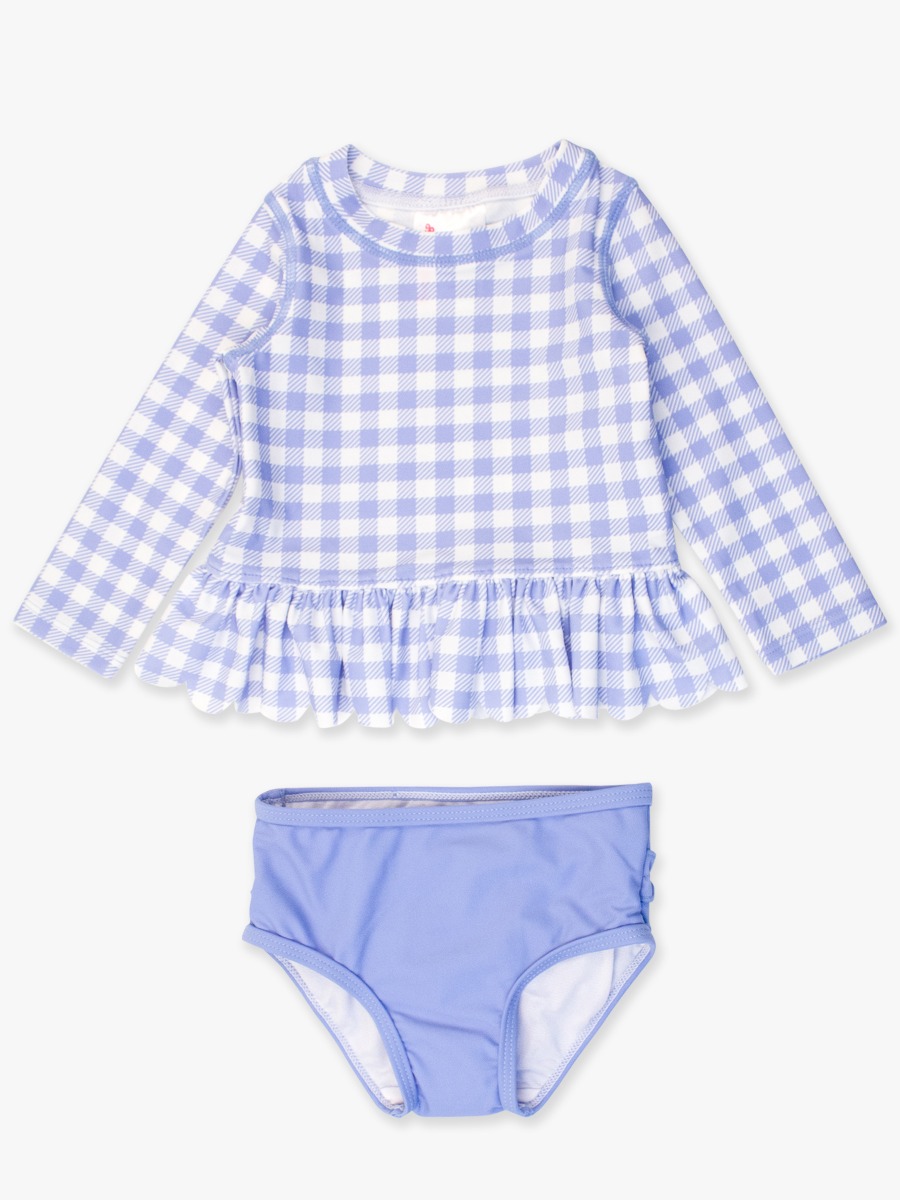 Periwinkle Blue Gingham Scallop Hem Long Sleeve Rash Guard Bikini