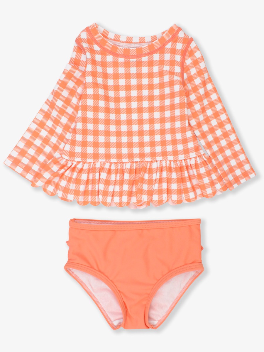 Coral Gingham Scallop Hem Long Sleeve Rash Guard Bikini