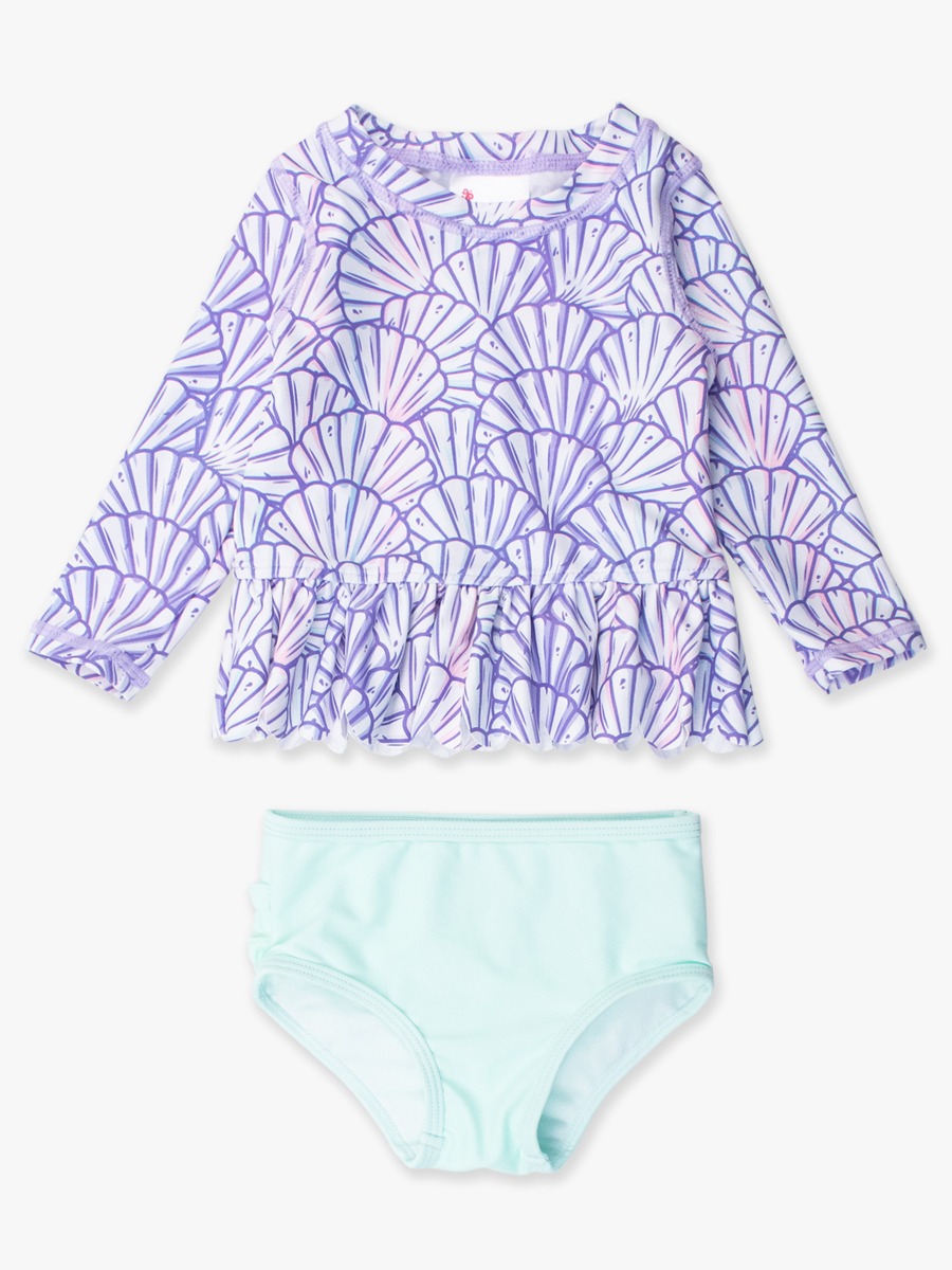 Magical Mermaid Scallop Hem Long Sleeve Rash Guard 2-Piece, with Signature Rear Ruffles -  3-6m