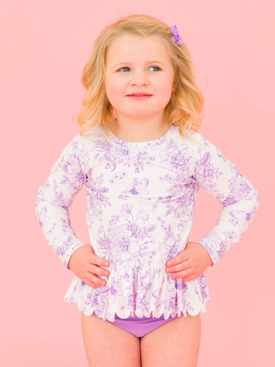 Wisteria Purple Butterfly Garden Toile Scallop Hem Long Sleeve Rash Guard Bikini