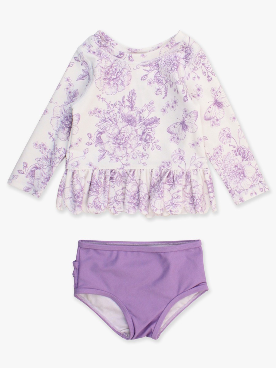 Wisteria Purple Butterfly Garden Toile Scallop Hem Long Sleeve Rash Guard Bikini