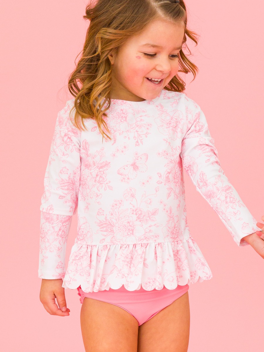 Bubblegum Pink Butterfly Garden Toile Scallop Hem Long Sleeve Rash Guard Bikini