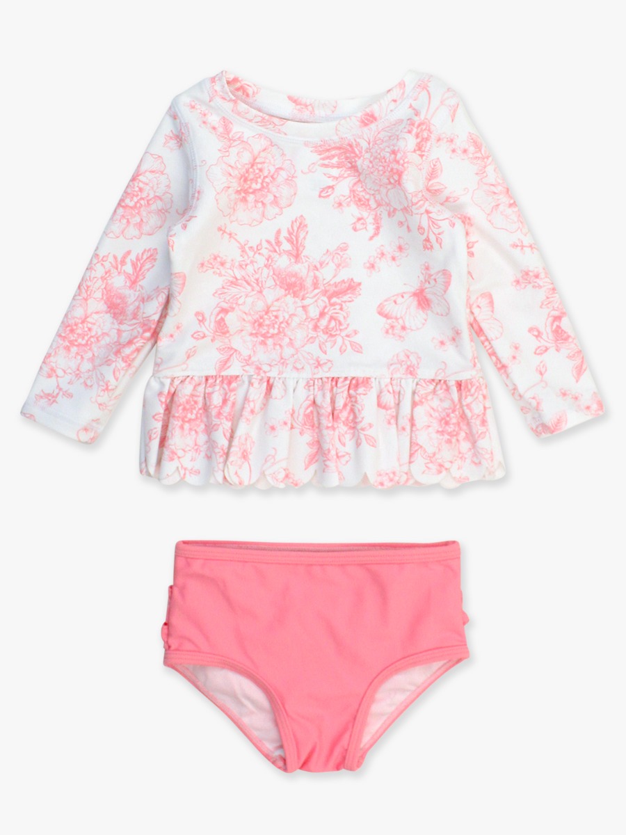 Bubblegum Pink Butterfly Garden Toile Scallop Hem Long Sleeve Rash Guard Bikini