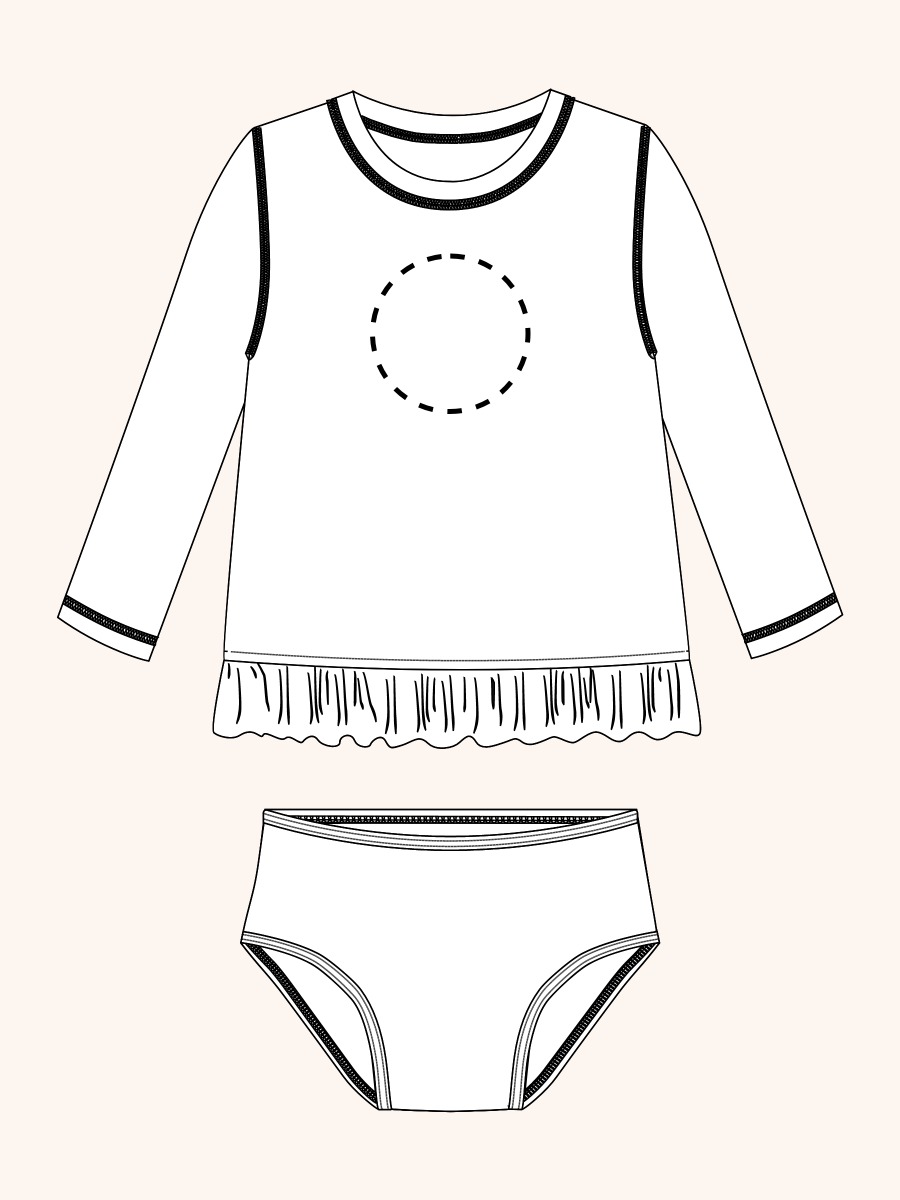 Line drawing of Red, White, & Blueberry Scallop Hem Long Sleeve Rash Guard 2-Piece, with Signature Rear Ruffles. A dotted circle indicates the approximate location for personalization.